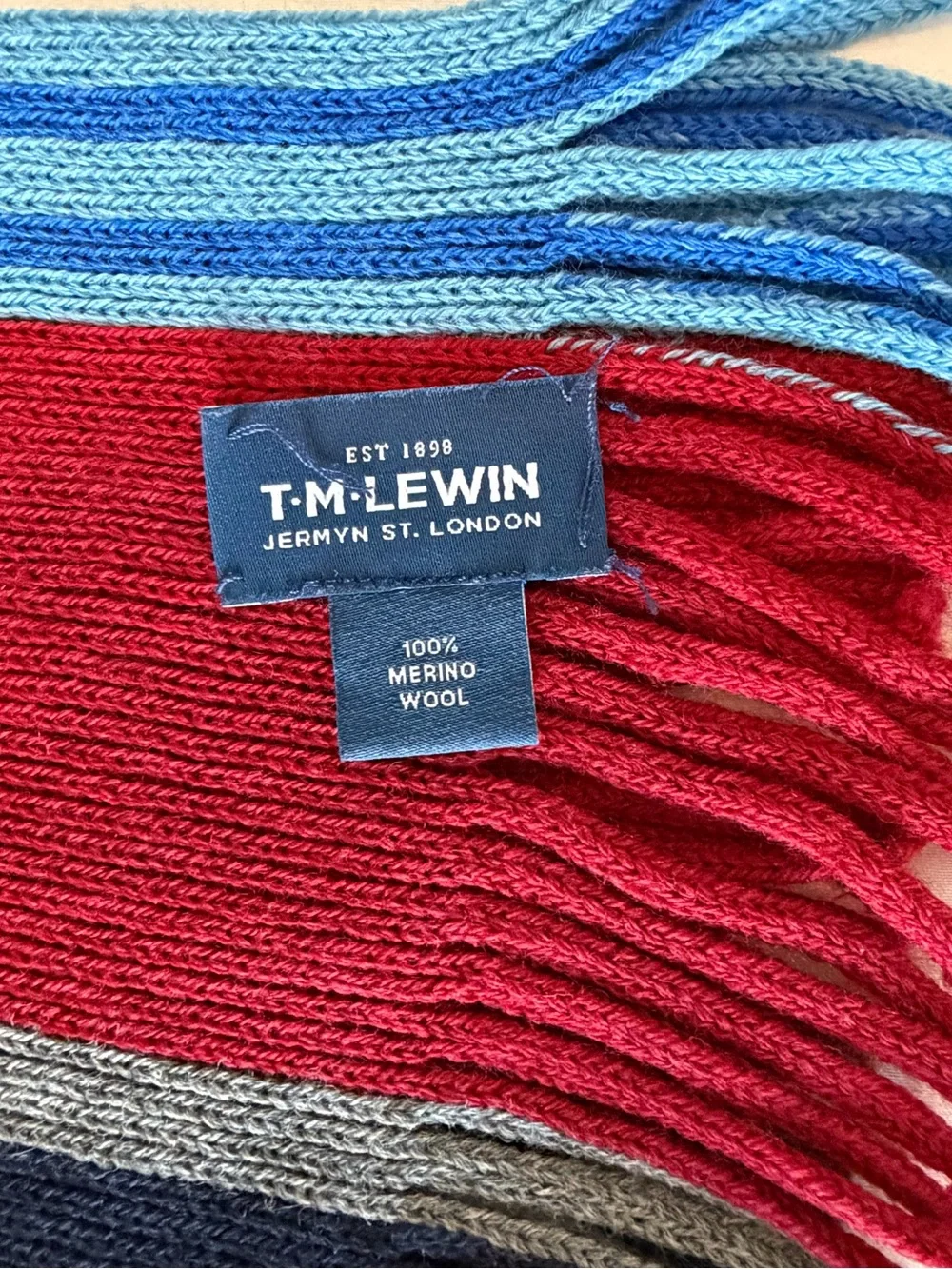 T M Lewin 100% Merino Wool Scarf Fringe Striped Unisex Preppy Academia Warm